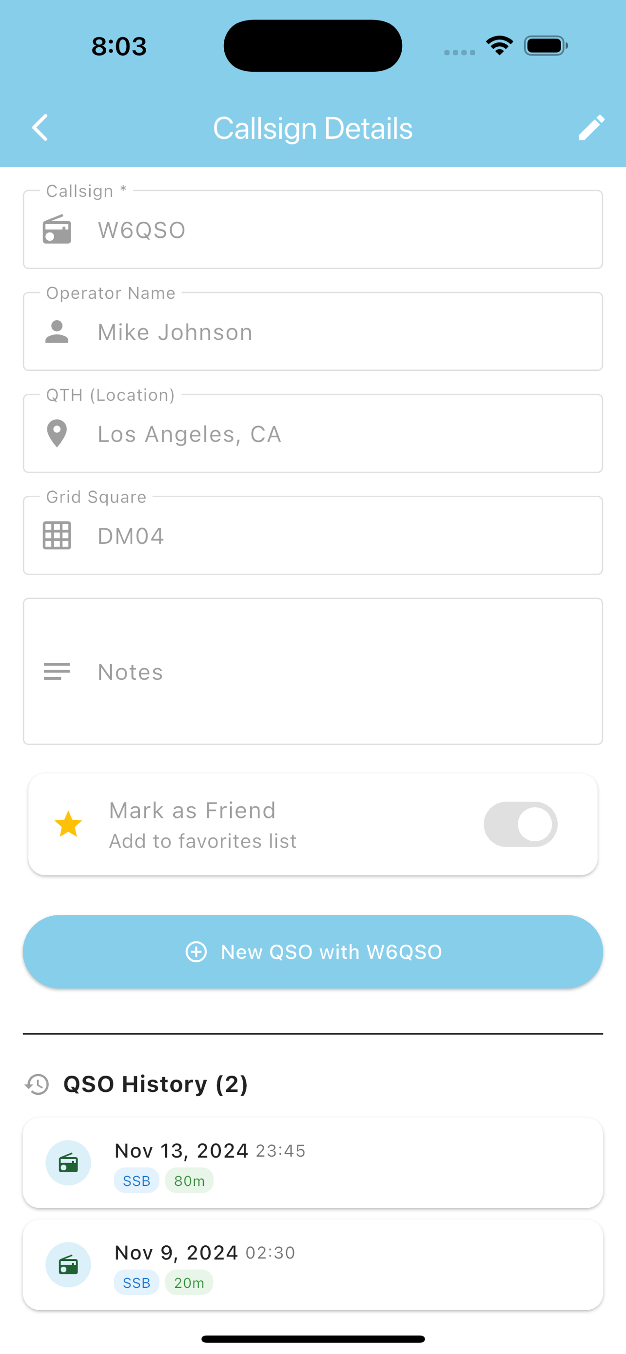 Callsign Details - Operator profile